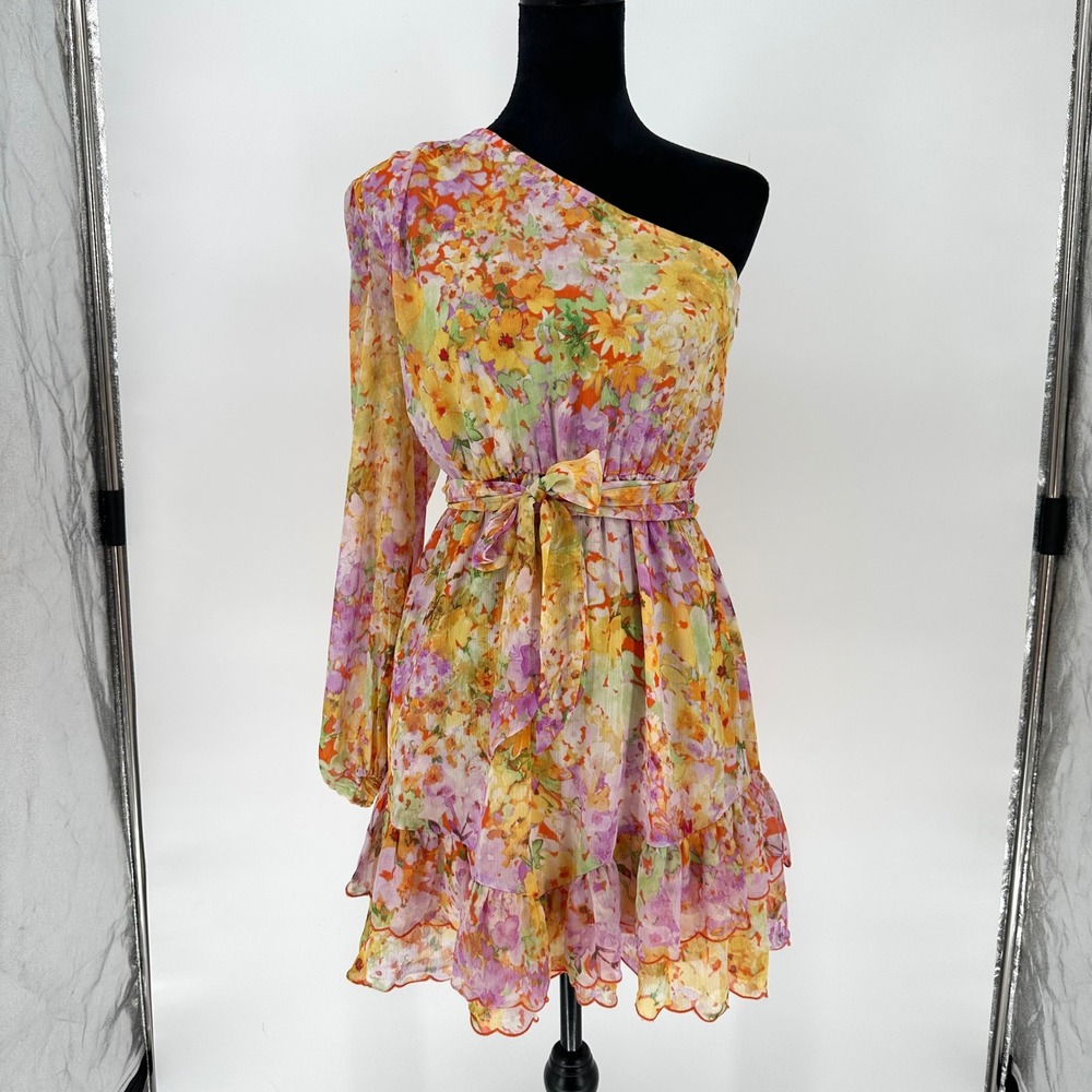 NEW Fate Floral One Shoulder Scallop Hem Dress Belted Spring Summer Women's S